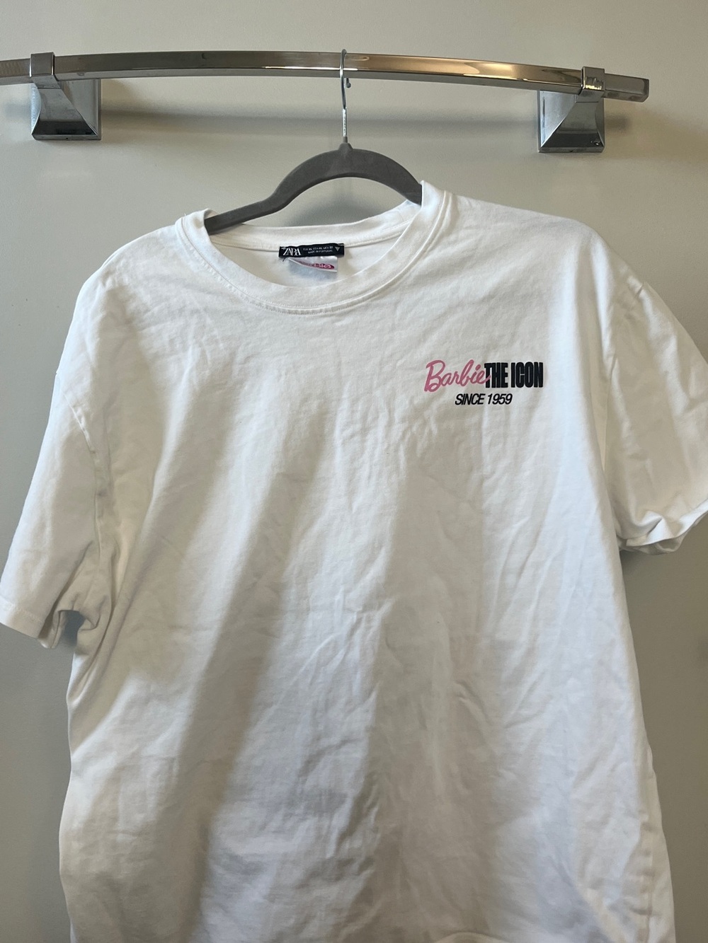 Zara White T-Shirt with Pink & Black 'Barbie The Icon' Chest Graphic